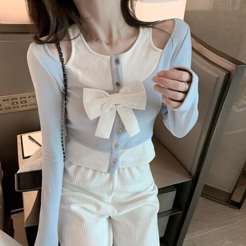 Stitching color Fake two-piece Bow O Neck knitted Long-Sleeved T-shirt 2021 Spring New Female Casual t shirt Women Tops 52J