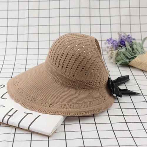 Summer Womens Sun Hat The Beach Foldable Knitted Fold Jacquard Curled Sun Hats Big Eaves Bows Fashionable Straw Cap h14