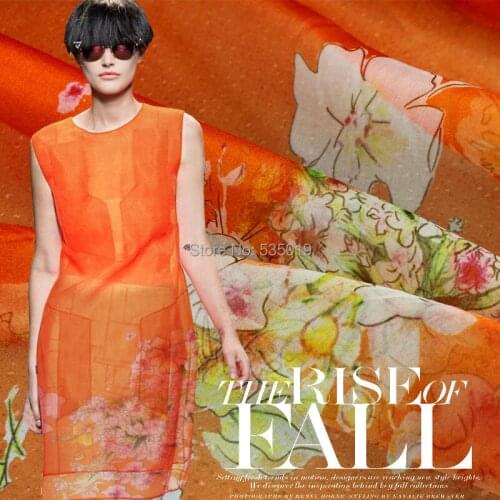Telas orange flowers printed organza silk fabric thin hardware print tulle fabrics wide tissus au metre
