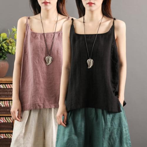 Women Summer Top Fine Shoulder Sling Cotton Linen Oversized Female Top V Neck Casual Sleeveless Halter Black Woman Tank Top