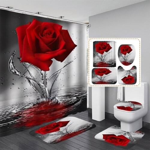 3D Red Bright Rose Pattern Waterproof Shower Curtain Non-slip Cushion Toilet Cushion U-shaped Cushion Bathroom Essential Set