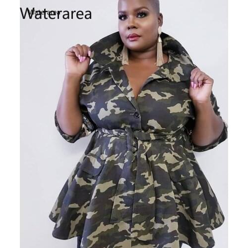 2019 new autumn winter plus size woven camouflage multi-bag umbrella skirt jacket including belt jacket fashion coat 19456