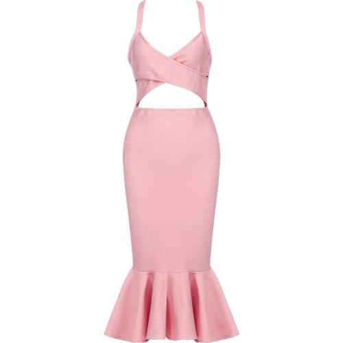 2021 Womens Summer Dress Bodycon Trumpet Bandage Dress Sexy Hollow Out Midi Spaghetti Strap Celebrity Club Party Dresses