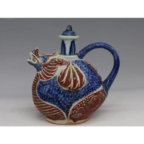 Antique YuanDynasty porcelain pot,Blue & red fish dragon bottle,painted crafts,Decoration,Collection&Adornment,Free shipping