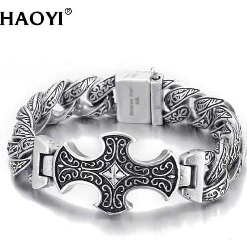 18mm Vintage Ancient Silver Men Bracele Cross Personality Hand Jewelry Diamond Pestle Peace Pattern Chain Retro Mens Bracelet