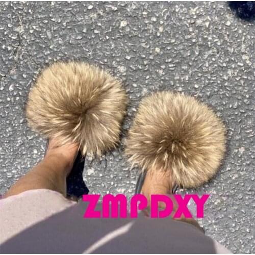 Girl Real Fox Fur Slippers Women Summer Fluffy Rainbow Shoes Female Indoor Flip Flops Designer Plush Sandals Elegant Party Shoes