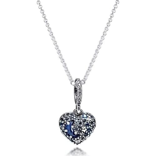 Blue Moon & Stars Heart Necklace 100% Real Sterling Silver S925 2020 Fashion Collier Choker Jewelry Female Necklace for Women