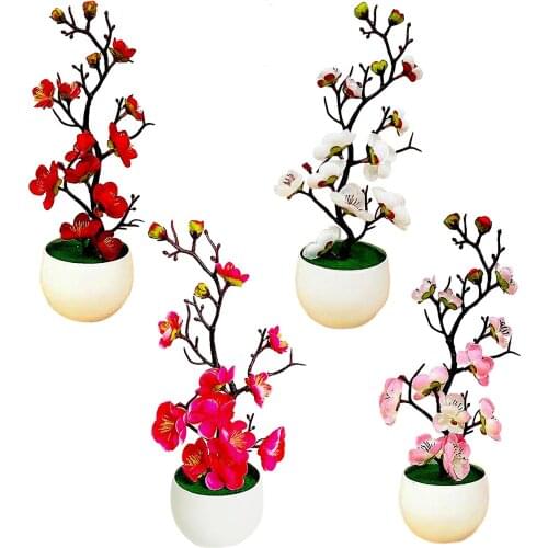 Artificial Plum Blossom Silk Flowers Pot Plant Bonsai Durable Home Garden Office Desktop Decoration Simulation Potted Plants