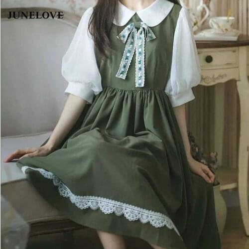 JuneLove Kawaii Lolita Dress Green Gable Anne Op Summer New College Cute Maid Loli Bubble Japanese Dress Renaissance Vestidos