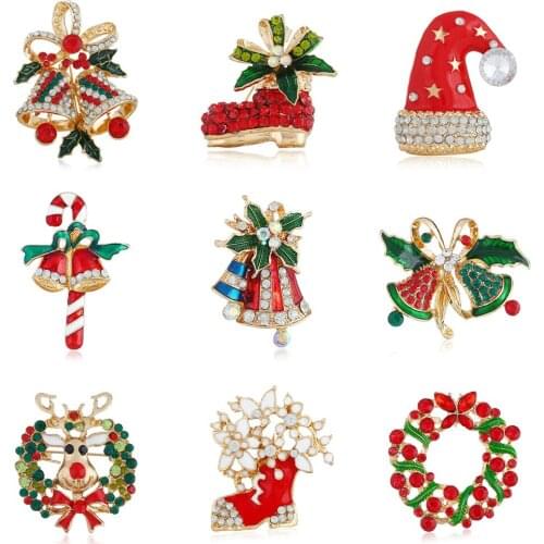 Classic Christmas Brooches For Women Crystal Bell Hat Elk Boots Stockings Bow Snowflakes Flower Sweaters Brooches Brooch Pins