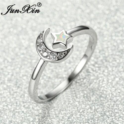 White Gold Filled Ring Cute White Fire Opal Star Moon Rings For Women Open Adjustable Ring Wedding Bands Zircon Jewelry