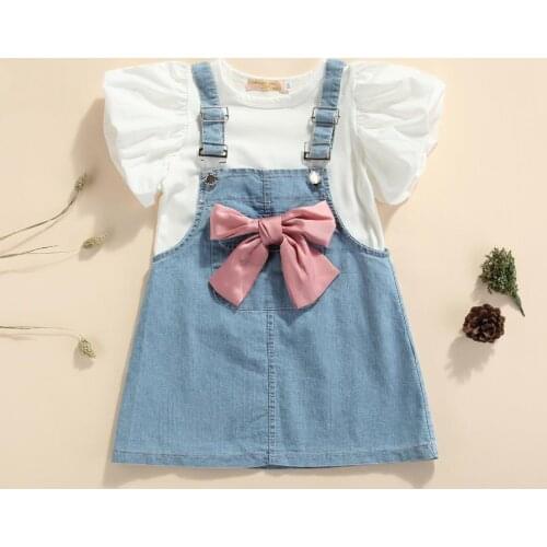 3Pcs Set Kids Girls Summer Outfit Solid Color Round Collar Puff Short Sleeve T shirt Tops Bow Princess Suspender Skirt Set