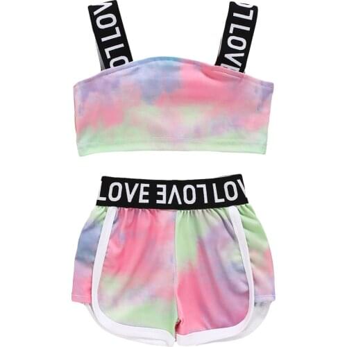 Summer Infant Kids Girls 2 PCS Tie-dye Outfit Love Letter Sling Straps Short Top Short Patchwork Pants Set