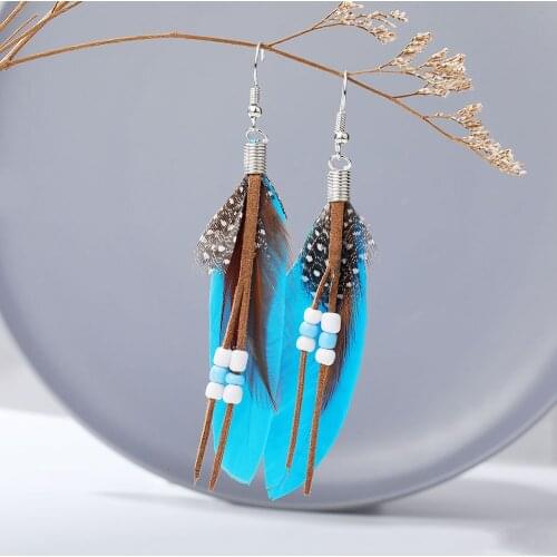 Fashion Long Bohemian Earrings Tassel Rice Bead Feather Earrings Party Prom Jewelry