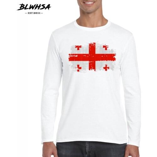 BLWHSA Brand Autumn Long Sleeve Georgia Flag T Shirt Men Long-Sleeved White Leisure T-Shirt Men O-neck Georgia Flag Printed