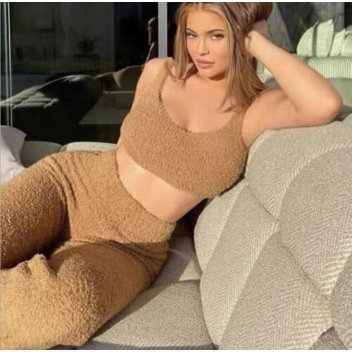 Womens Pajamas New Fashion Plush Set V-Neck Crop Top Long Two Piece Trouser Suit Autumn Sleepwear Home Clothing Hot Sale Female