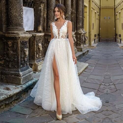 Glitter Sequins Tulle Wedding Dress Boho V-Neck Side Split Appliques A-Line Bridal Dresses Shinny robe mariage femme White Ivory