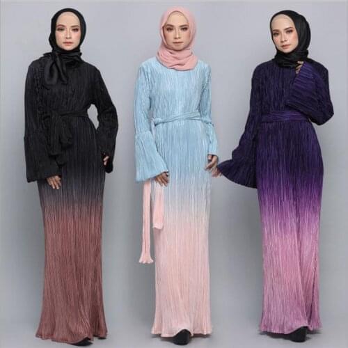 Full length Gradient rainbow printed pleated Muslim dress stretch muslim abayas dubai islamic was thin abayas with belt F1607w