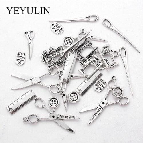 20pcs/lot Mixed Alloy Charms Silver Color Scissors Ruler Button Pendants Jewelry Findings For DIY Handmade Jewelry Making