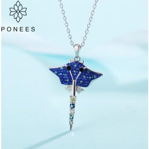 PONEES Drop Shipping Nes Fashion Rhodium Pave Crystal Manta Fish Pendant Necklace For Women Statement Jewelry