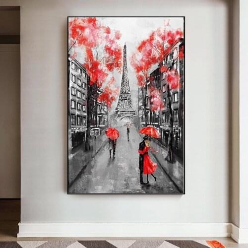 Romantic City Couple Paris Eiffel Tower Oil Painting on Canvas Art Cuadro Posters and Prints Nordic Wall Picture for Living Room