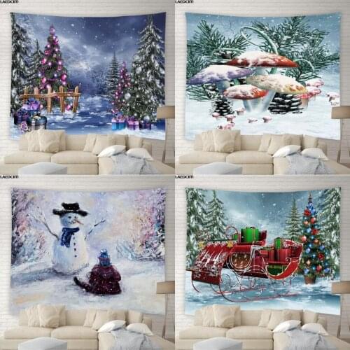 Merry Christmas Tapestry Forest Snow Scene Psychedelic Mushroom Wall Hanging Xmas Party Gift Background Cloth Bedroom Home Decor