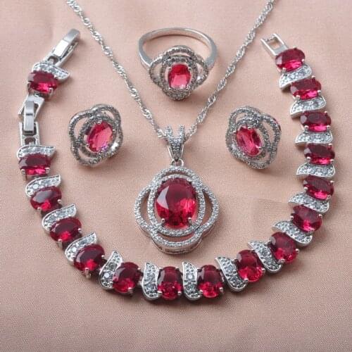 Wedding Jewelry Sets For Women Silver Color Red Zirconia Earrings Rings Bracelet Necklace Dubai Jewelry Christmas Gifts YZ0647