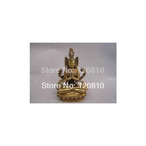 Tibet Bronze Four Arms Kwanyin Bodhisattva Chenrizig Buddha Statue Figurines