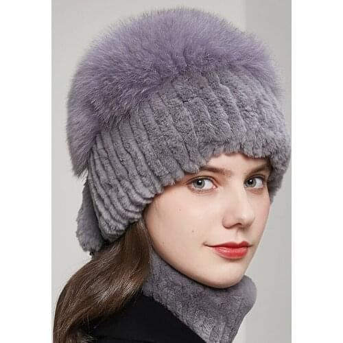 Winter Natural Rex Rabbit And Fox Fur Hat Russian Female Fur Headwear Brand New Fashion Warm Fox Fur Ball Beanie Fur Caps