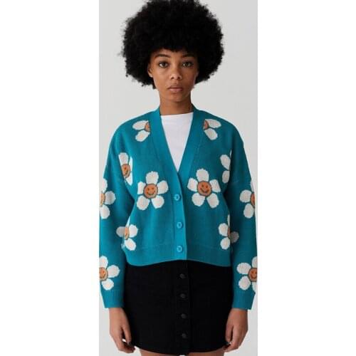 Women Fashion Loose Sweaters Knitwear Chic Style Flower Pattern Long Sleeve V-Neck Button Down Cardigan Streetwear 2021