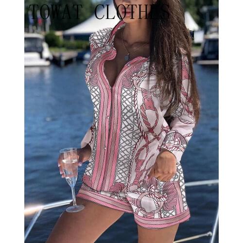 Chain Print Buttoned Top & Pocket Design Shorts Set Summer Suit For Women 2021 2PCS