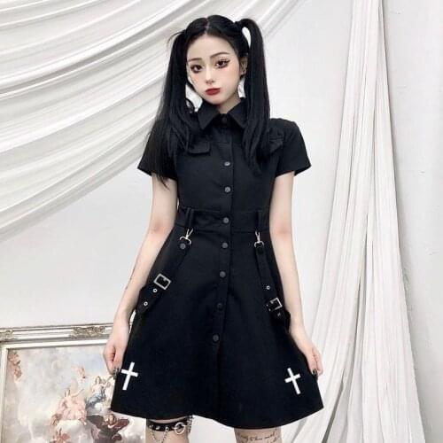 Chic Summer Goth Dress Punk Gothic Harajuku Black Mini Dress Shirt Women 2021 Short Sleeve Emo Clothes Mall Goth Dark Academia