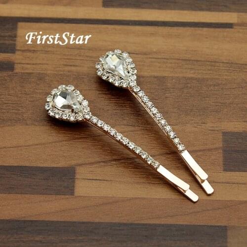 1 Pair FirstStar Fashion Waterdrop Rhinestone Ladies Hair Slides Clear Crystal Hair Clip Barrette For Women Girls Accessories