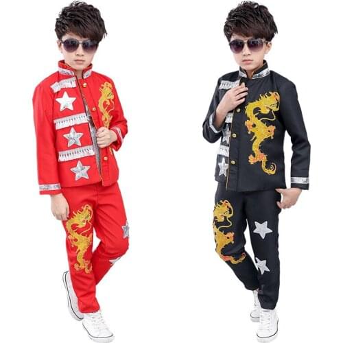 3pcs/set Boys Hip Hop Costume Chinese back red dance Suit Jazz Costumes Kids Stage Dancing Outfit Children Street Show Wear