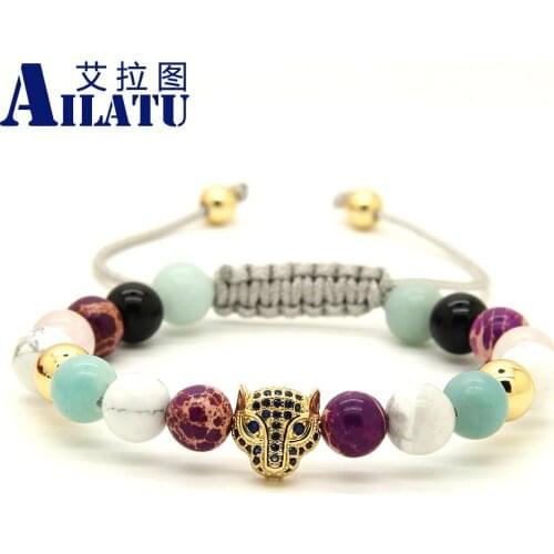 Ailatu Wholesale 10pcs/lot 8mm Purple Sea Sediment Stone Blue Cz Leopard Head European American Style Womens Macrame Bracelets