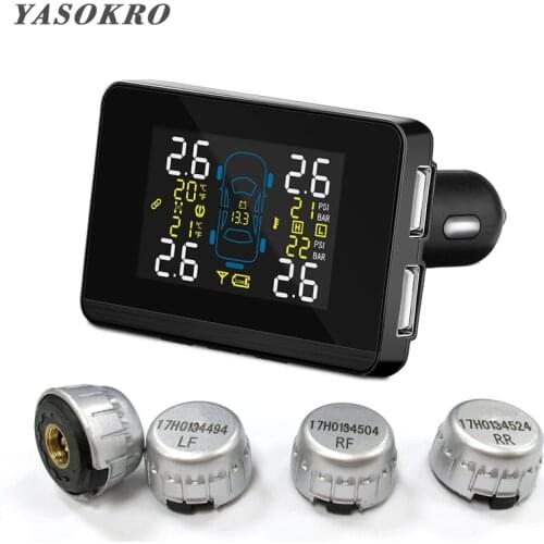 Car Wireless TPMS Tire Pressure Monitor System Dual USB Car Charger for Phone GPS with 4 External Replaceable Battery Sensors
