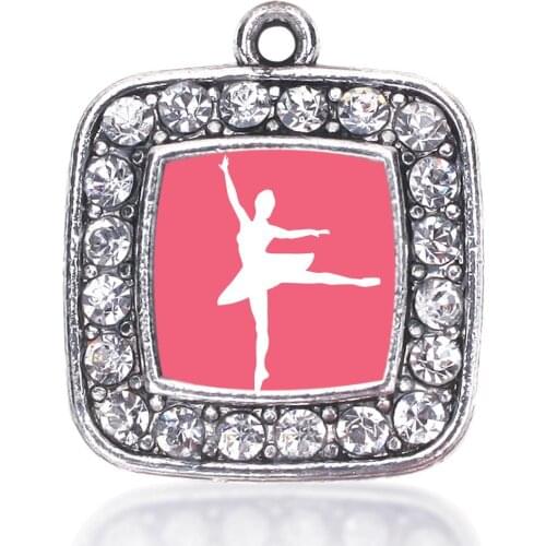 BALLERINA DANCER SQUARE CHARM ANTIQUE SILVER PLATED CRYSTAL JEWELRY