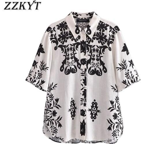 ZZKYT 2021 Women Summer Vintage Floral Print Blouses Fashion Lapel Collar Short Sleeve Single Breasted Female Shirts Chic Tops