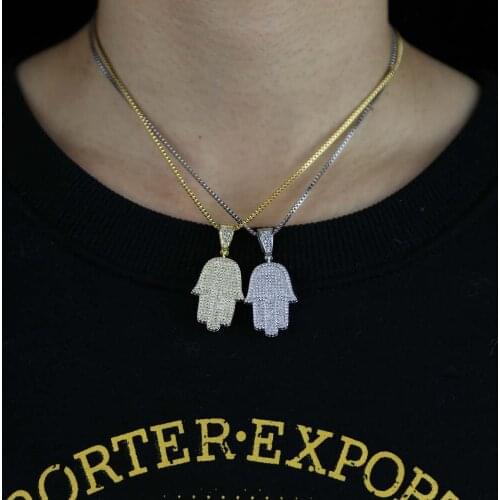 Iced Out Bling Girl Women Jewelry 5A Clear Geometric Round CZ Paved Hamsa Hand Fatimas Hand Pendant Iced Out Box Chain Necklace