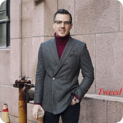 Custom Made Men Suit Grey Tweed Classic Blazers Winter Gentleman Costume Double Breaste Tailor Made Terno Masculino 2 Piece