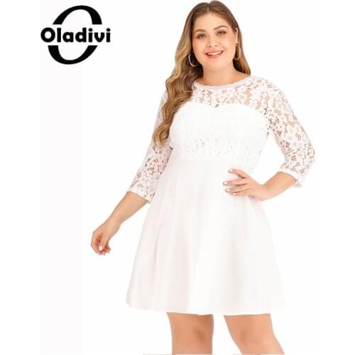 Oladivi Plus Size Summer 2021 Sexy Lace Dresses for Women Elegant Ladies A-line Loose Casual Short Mini Dress Robe Vestidios 082