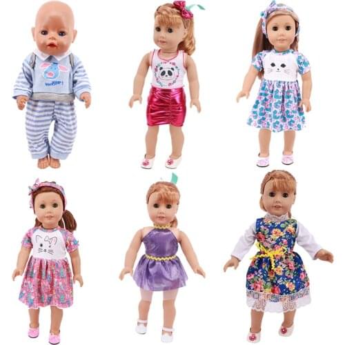 Doll Clothes Printed Cartoon Lace Dress Suit Fit 18 Inch American&43cm Baby New Born Doll Accessories,OG Childrens Toys