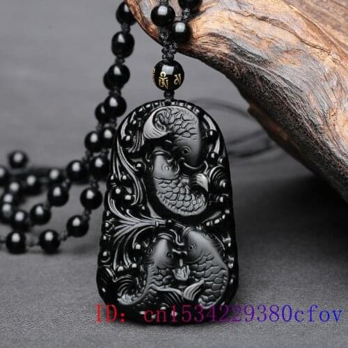 Obsidian Carp Pendant Women Carved Jewelry Jade Men Black Necklace Natural Amulet Fish Accessories Fashion