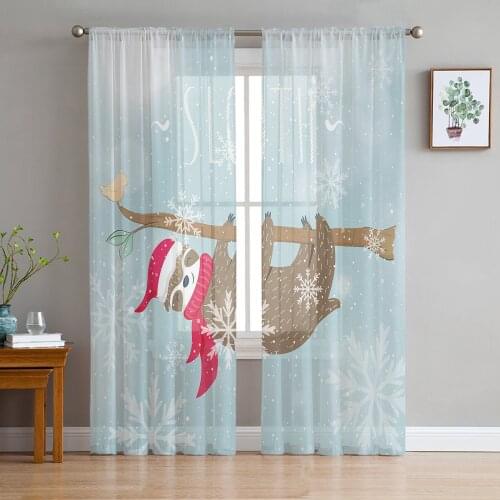 Sloth Hanging Tree Trunk Snow Sheer Curtains for Living Room Bedroom Kitchen Chiffon Tulle Curtains Home Hotel Coffee Decor