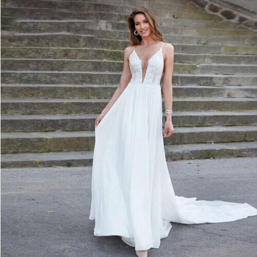 Spaghetti Straps Summer Beach Bridal Gowns A Line Appliques Chiffon Court Train Wedding Dresses Vestidos De Fiesta فساتين السهرة