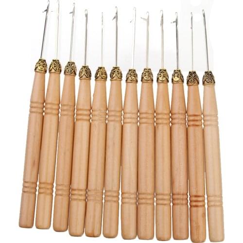 Pack of 12 Useful Micro Ring Link Hair Extension Wooden Pull Hook Needle Threader DIY Tool