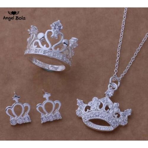 3pcs/set Crown Necklace Wholesale High Quality 925 Sterling Silver Fashion Jewelry Set Ring Earring Drop Shipping