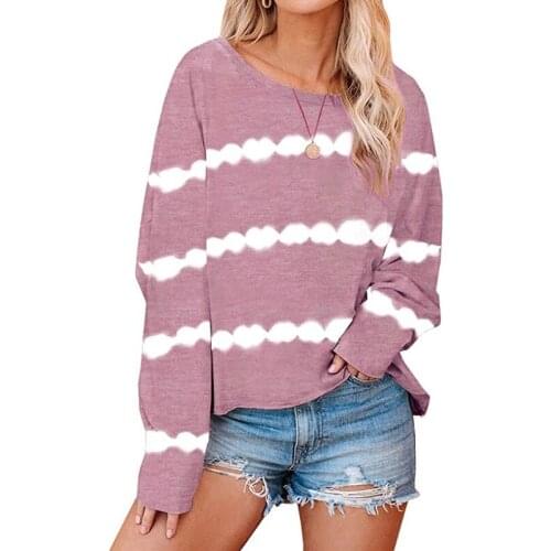 Tie Dye Striped Print Pullovers Women O-Neck T-shirts Spring Fall Female Casual Tees Fashion Plus Size Long Sleeve Loose Tops
