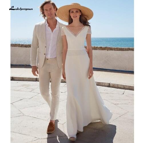 Luxury Ivory Satin Wedding Dresses 2022 Short Sleeve Bride Dress V Neck A Line Wedding Gowns Women Couture Mariage