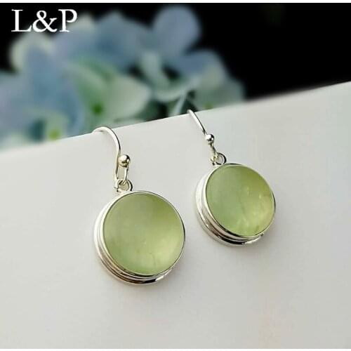 L&P Real Silver Earrings For Lady Elegant Natural Prehnite Handmade Round Gemstones Drop Earrings Fine Jewelry For Anniversary